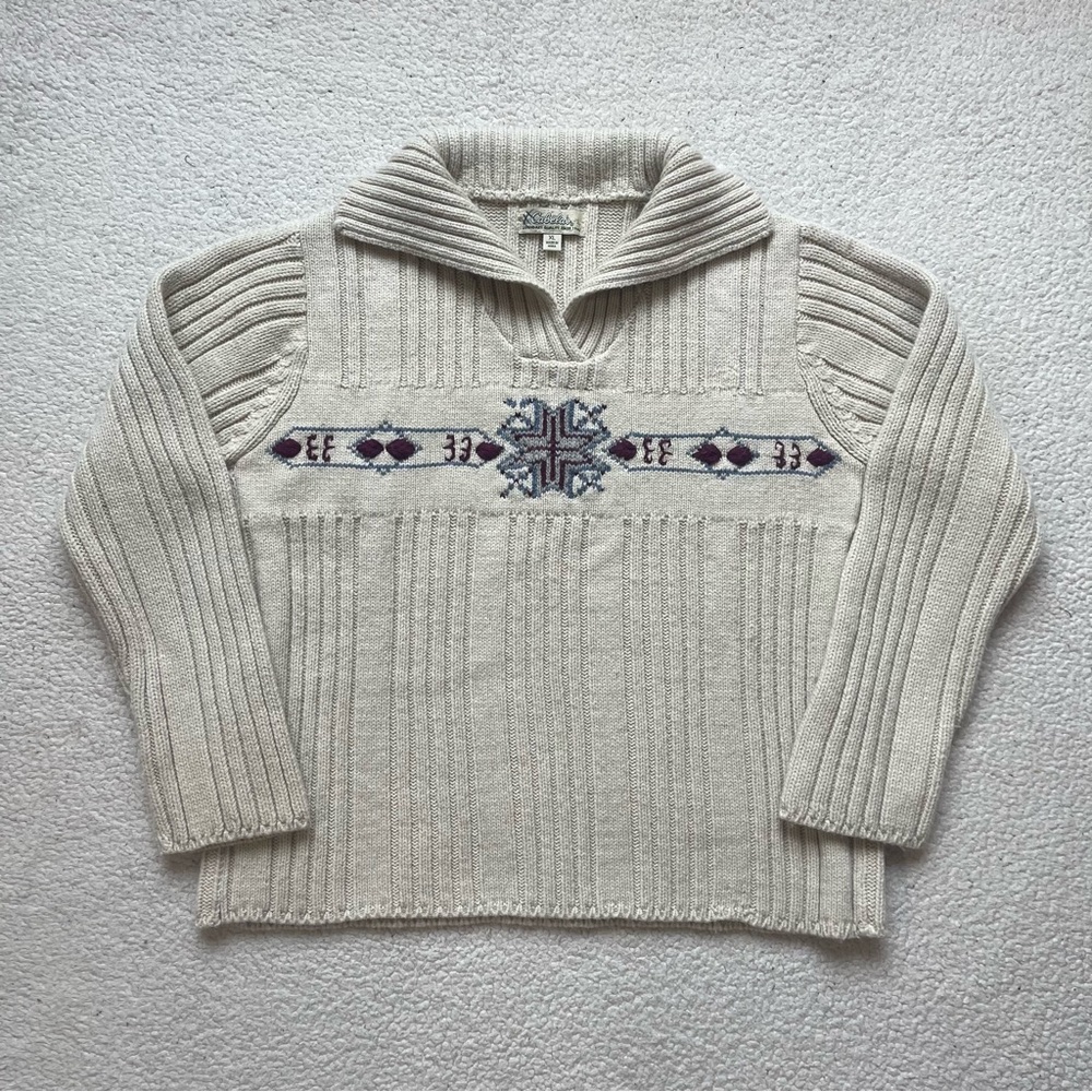 Vintage 90s Cabela’s Nordic Wool Sweater Cowl Neck 3D Knit Outdoor Mens M